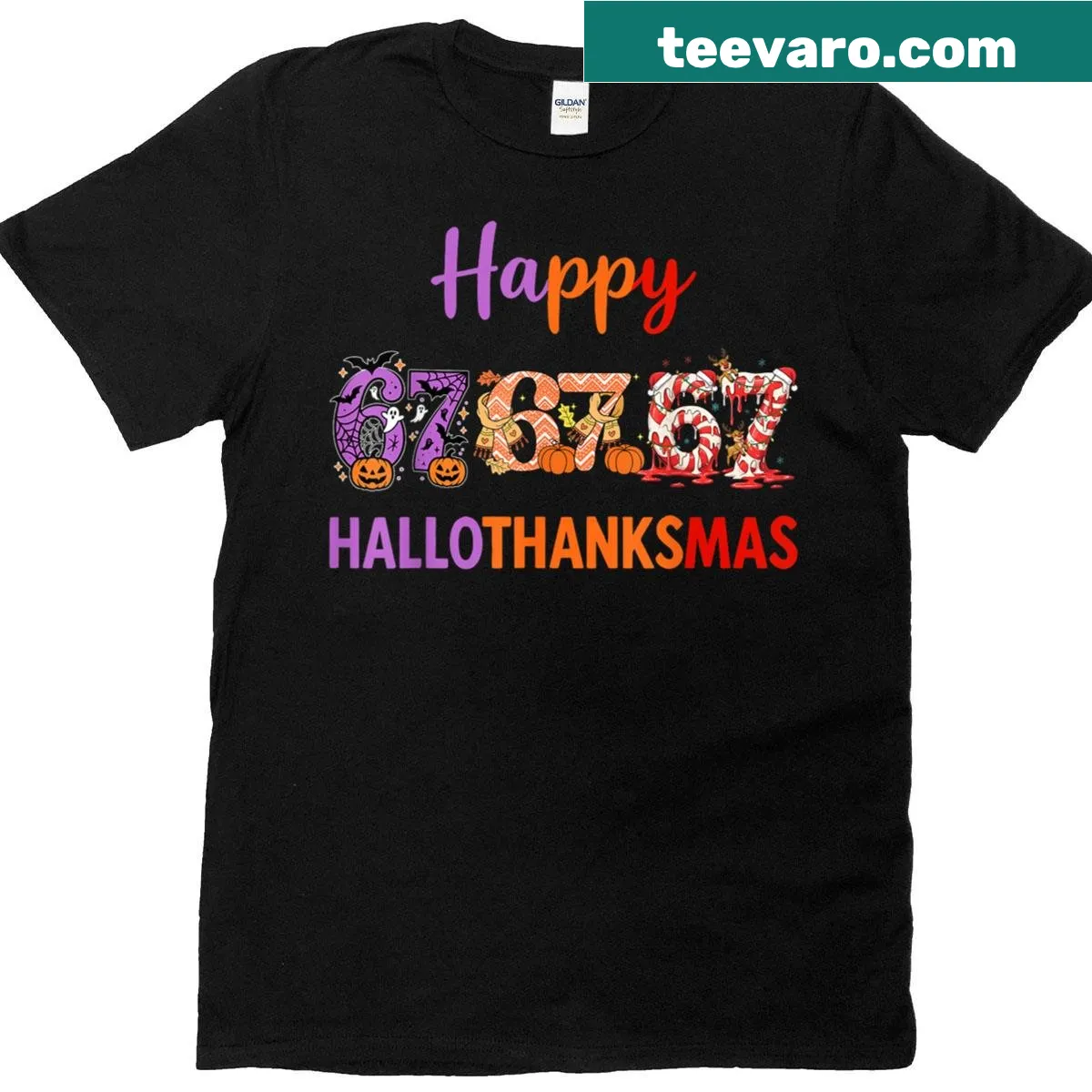 Meme-inspired graphic combining Halloween, Thanksgiving, and Christmas — on a men's t-shirt
