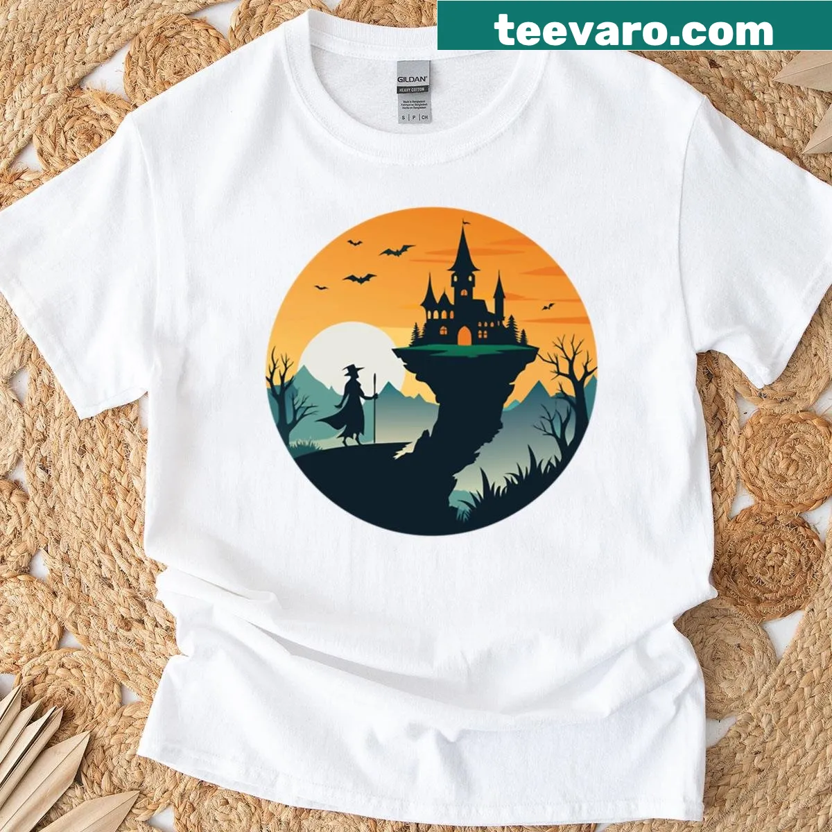 Oversized Halloween t-shirt featuring a haunted hill graphic — on a men's t-shirt