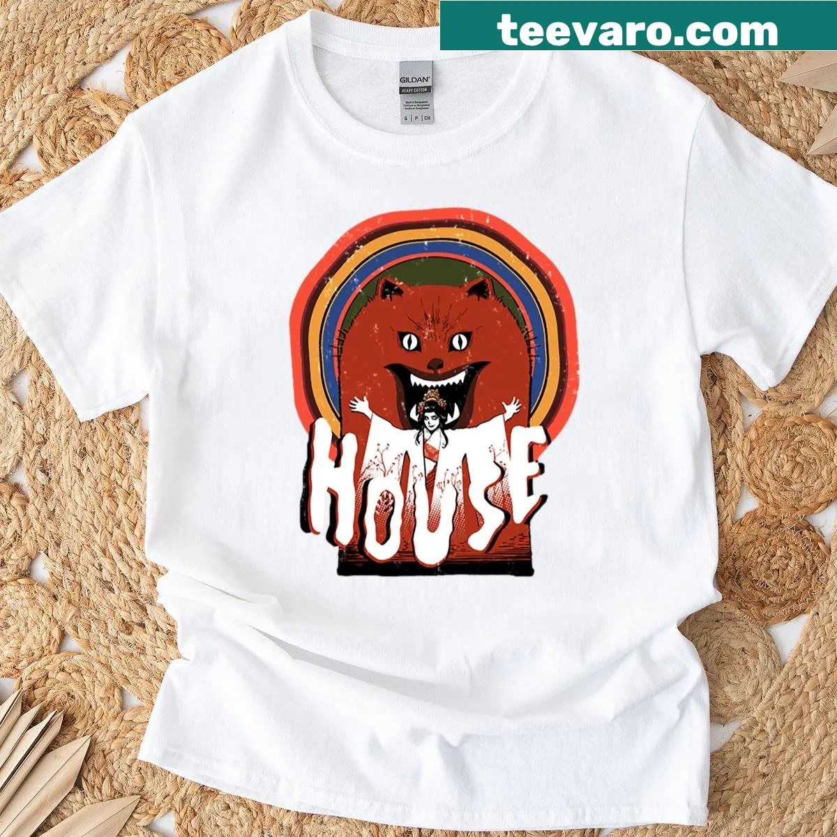 Vintage-inspired t-shirt celebrating the Hausu Japanese horror film — on a men's t-shirt