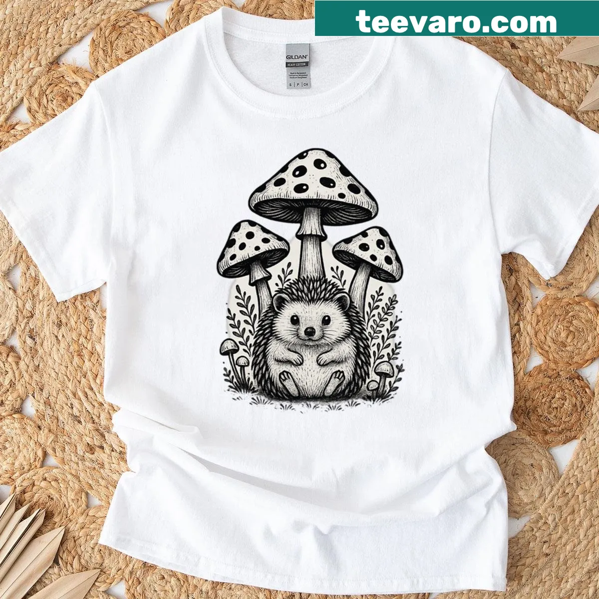 Mono line art of a hedgehog under mushrooms on a T-shirt — on a men's t-shirt