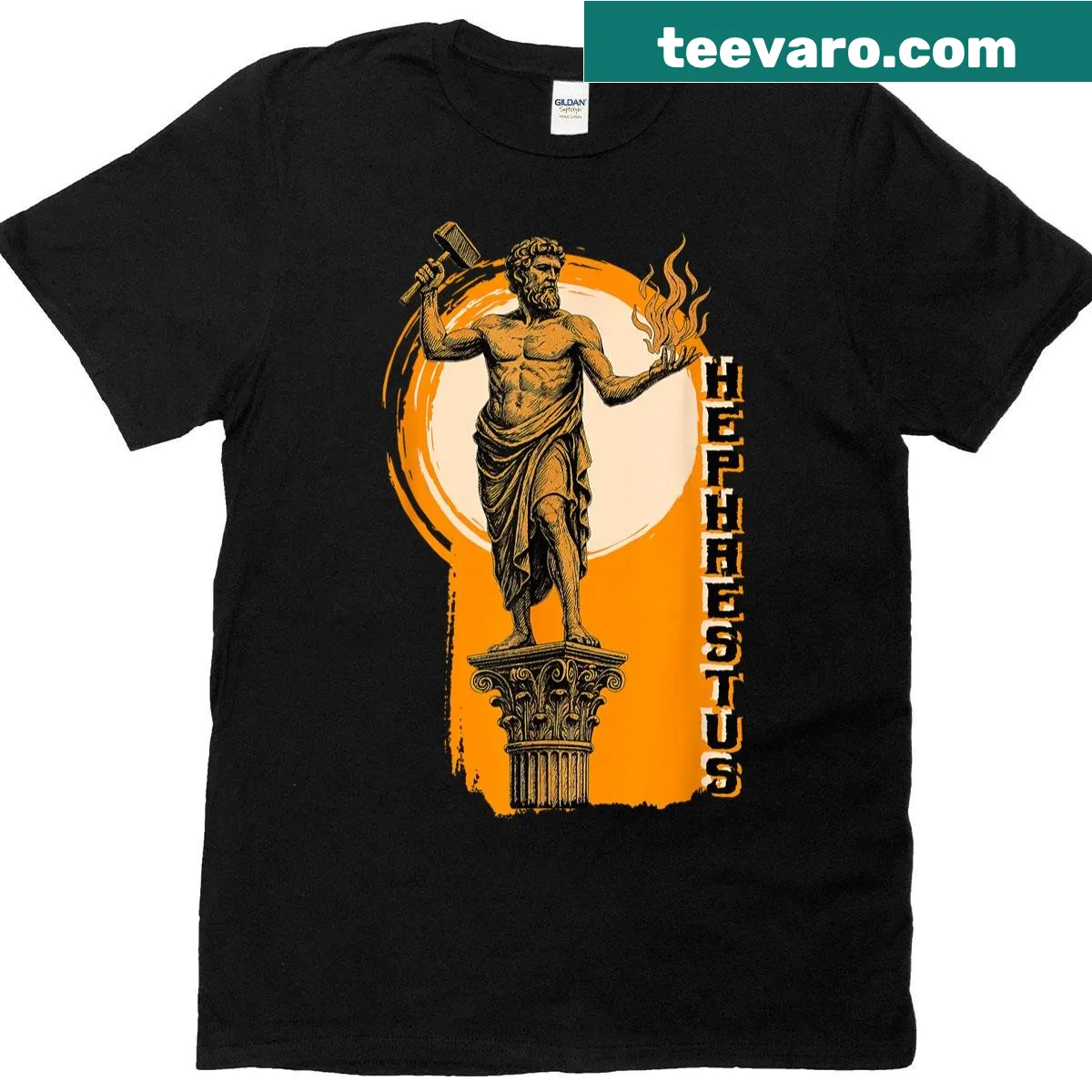 Vintage-style Hephaestus statue graphic t-shirt with distressed design — on a men's t-shirt