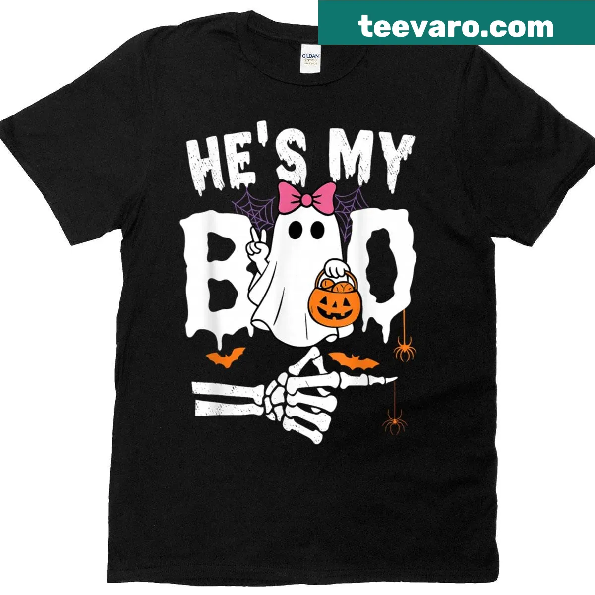 Matching couple T-shirts with 'He's My Boo' and 'She's My Boo' sayings — on a men's t-shirt
