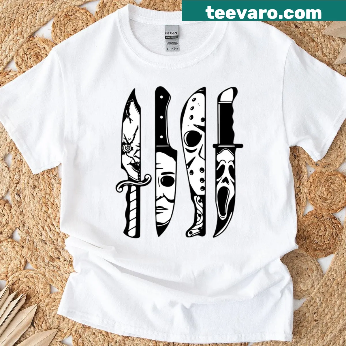 T-shirt featuring iconic horror movie characters surrounded by knives — on a men's t-shirt