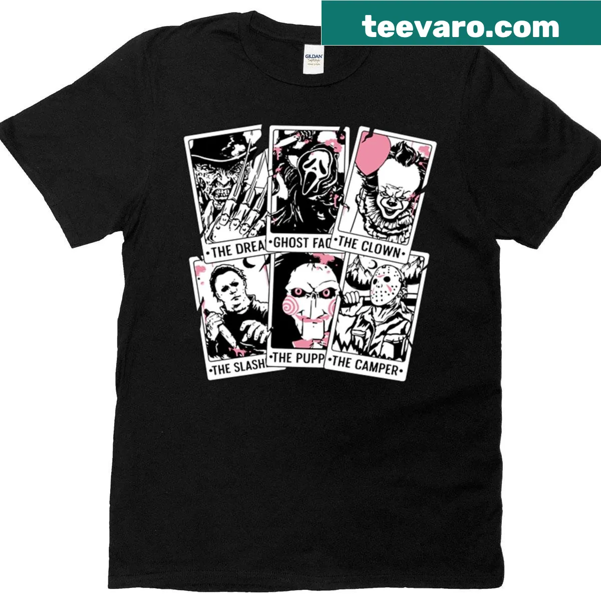 Horror movie-themed graphic t-shirt — on a men's t-shirt