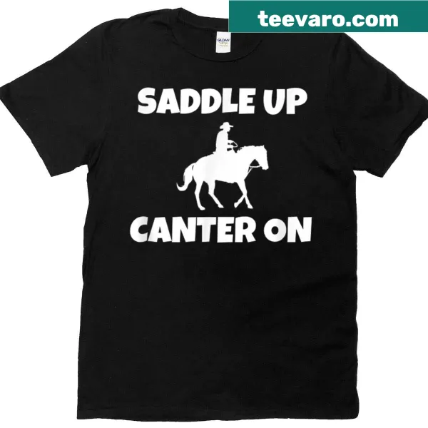 Illustration of a horseback rider and 'Saddle Up' text on the shirt