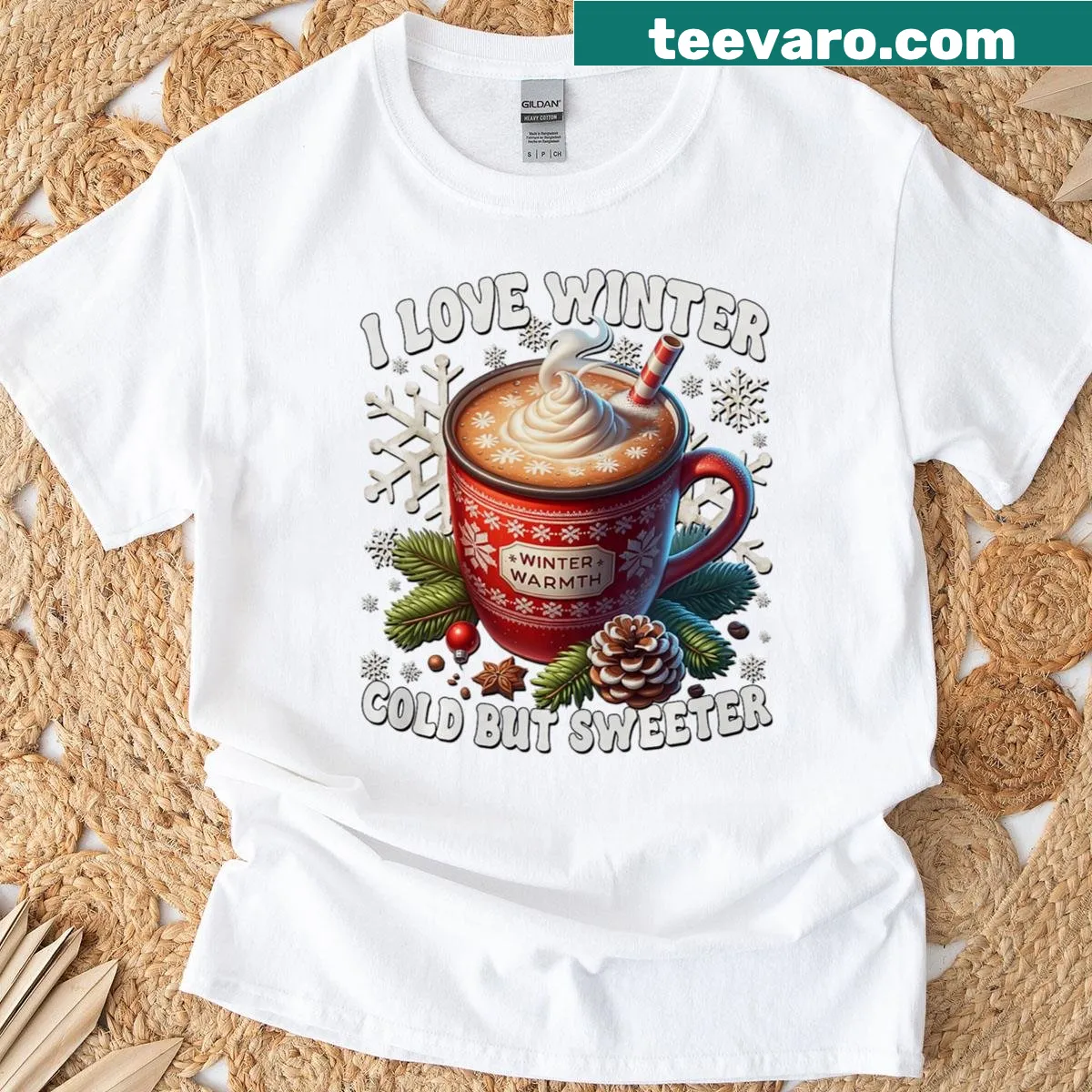 Cute Hot Cocoa Mug t-shirt with winter sayings in hand-lettered style — on a men's t-shirt