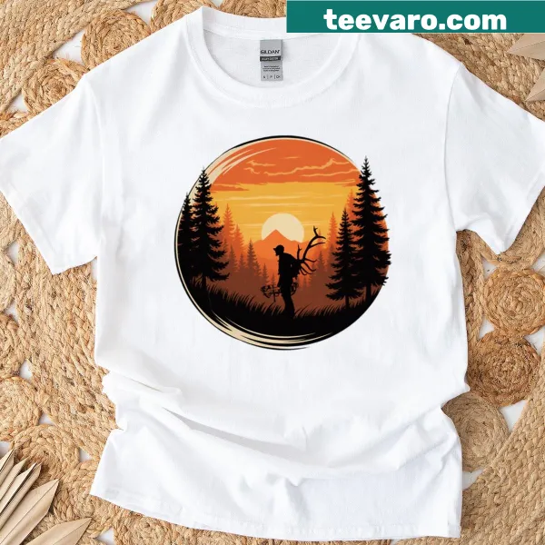 Illustrated t-shirt featuring a serene sunset scene for hunters.