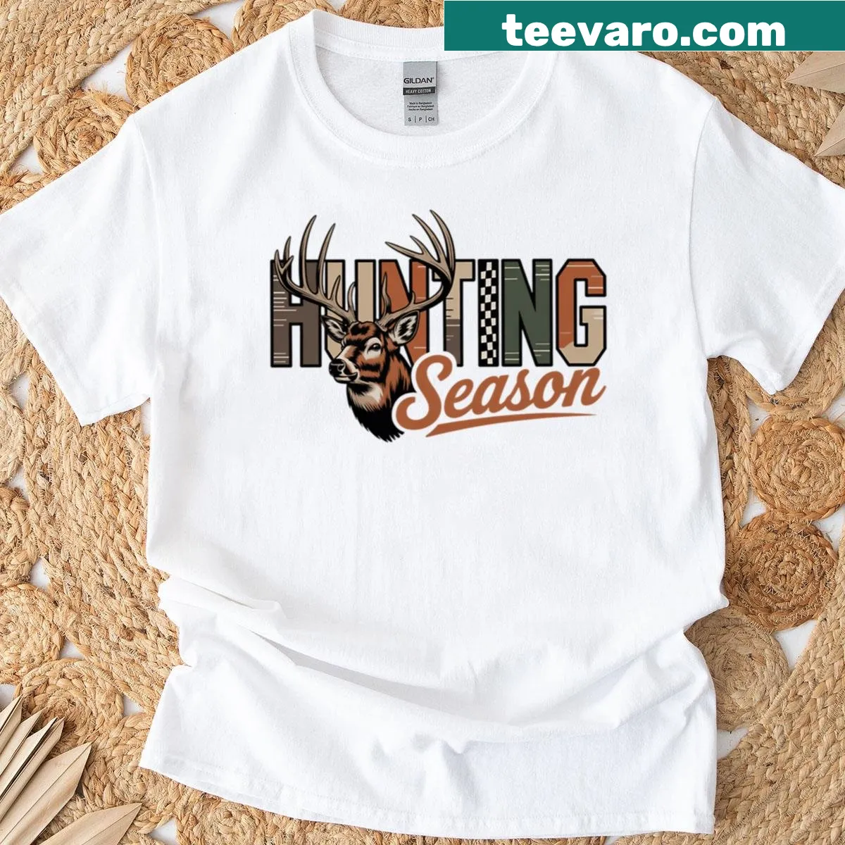 T-shirt featuring playful hunting season graphics. — on a men's t-shirt