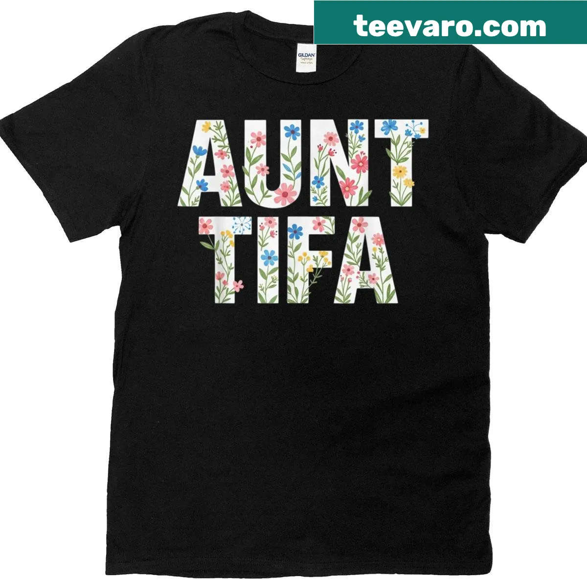 Illustrated t-shirt featuring flowers and the phrase I Am Aunt Tifa — on a men's t-shirt