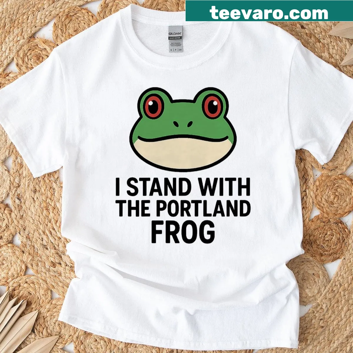Funny activist t-shirt featuring a Portland Frog illustration and message — on a men's t-shirt