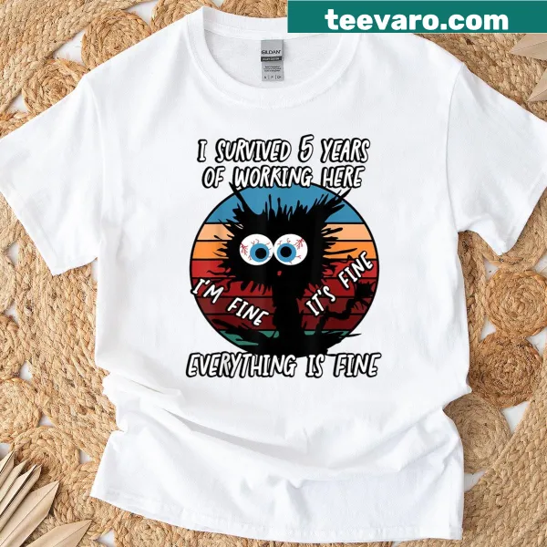 T-shirt celebrating surviving 5 years of work with humorous text