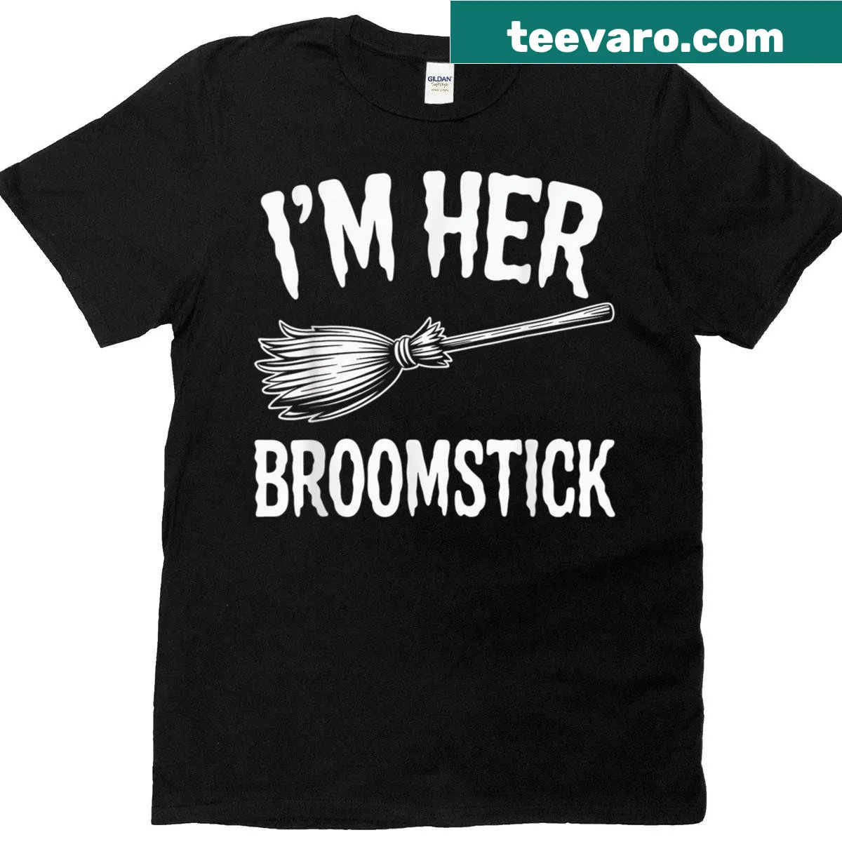 Playful typography T-shirt with the phrase I'm Her Broomstick — on a men's t-shirt