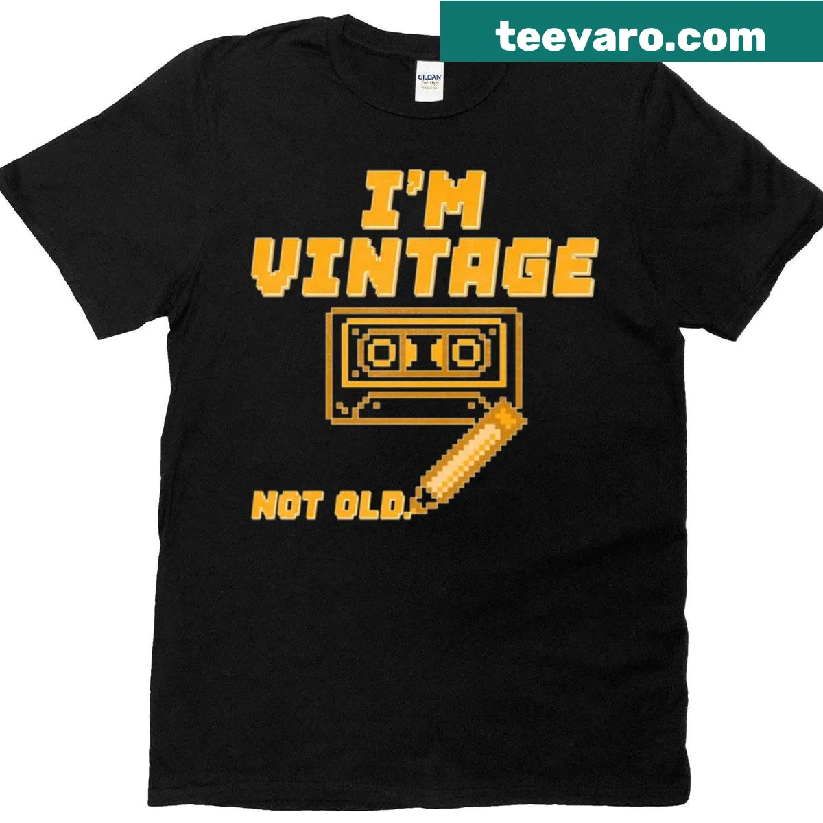 Retro T-shirt featuring a pixelated cassette and the phrase I'm Vintage Not Old — on a men's t-shirt
