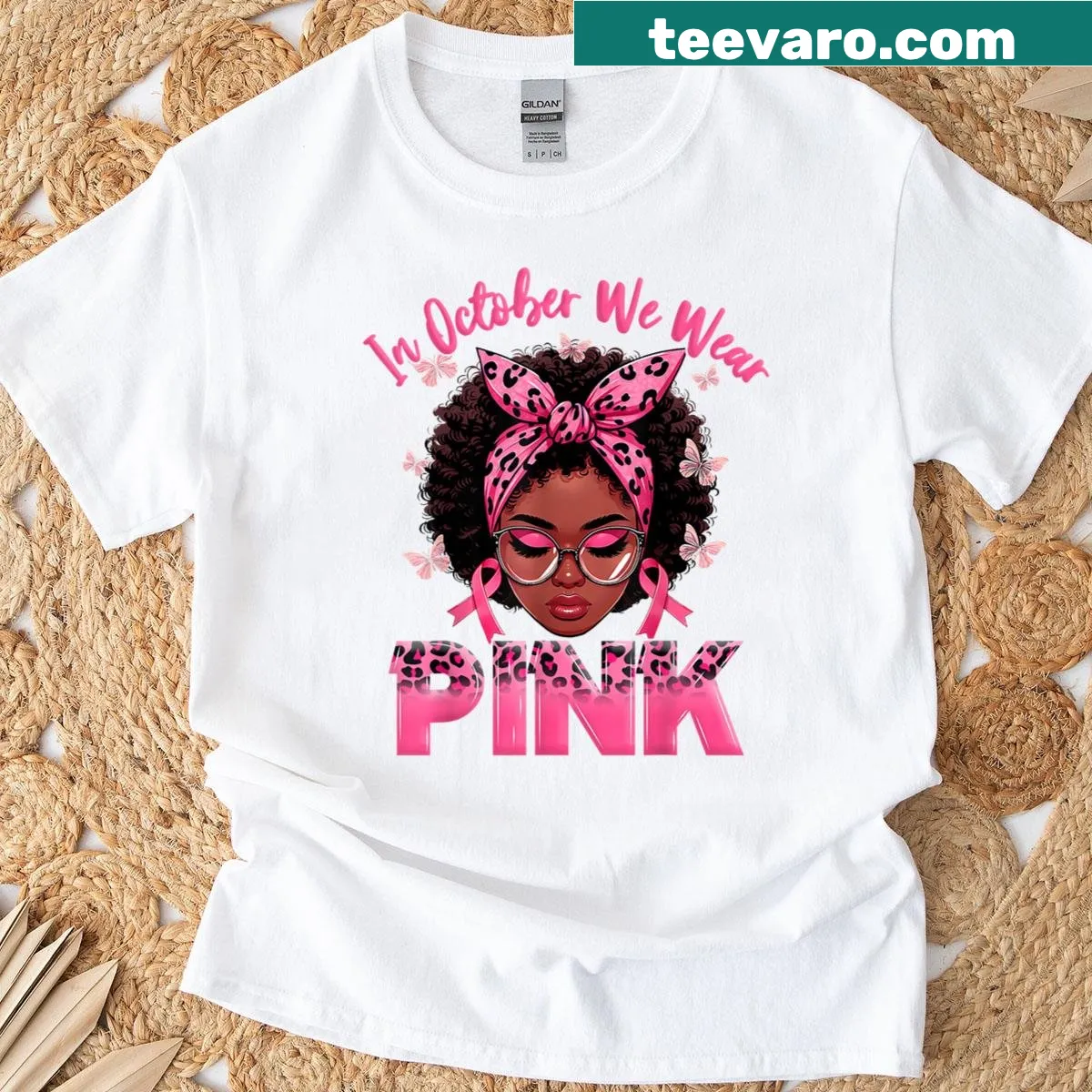 Pink Breast Cancer Awareness Ribbon T-shirt for October — on a men's t-shirt