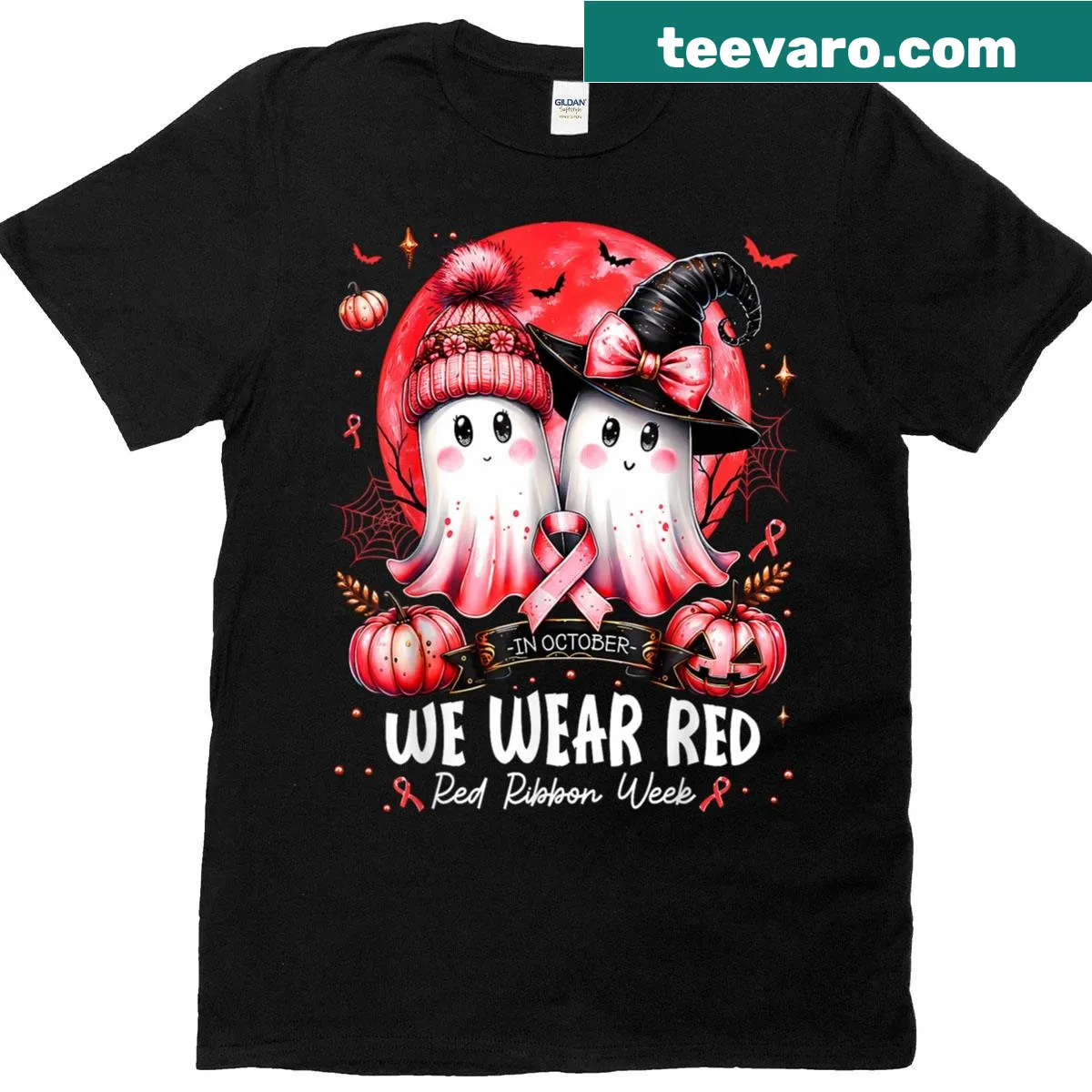 Whimsical t-shirt with 'In October We Wear Red' text design — on a men's t-shirt