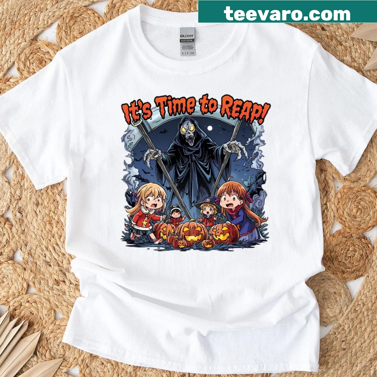 Kids oversized Grim Reaper t-shirt with cute cartoon design — on a men's t-shirt