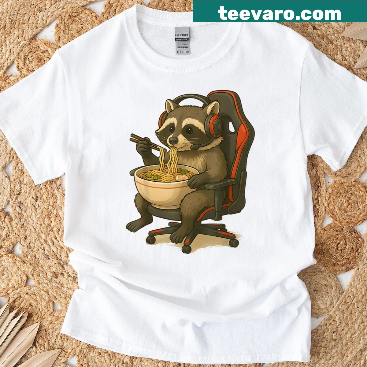 Cute Japanese raccoon design with ramen on a T-shirt — on a men's t-shirt