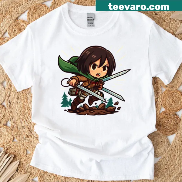 Chibi T-shirt featuring Ymir from Jaws in cartoon style.