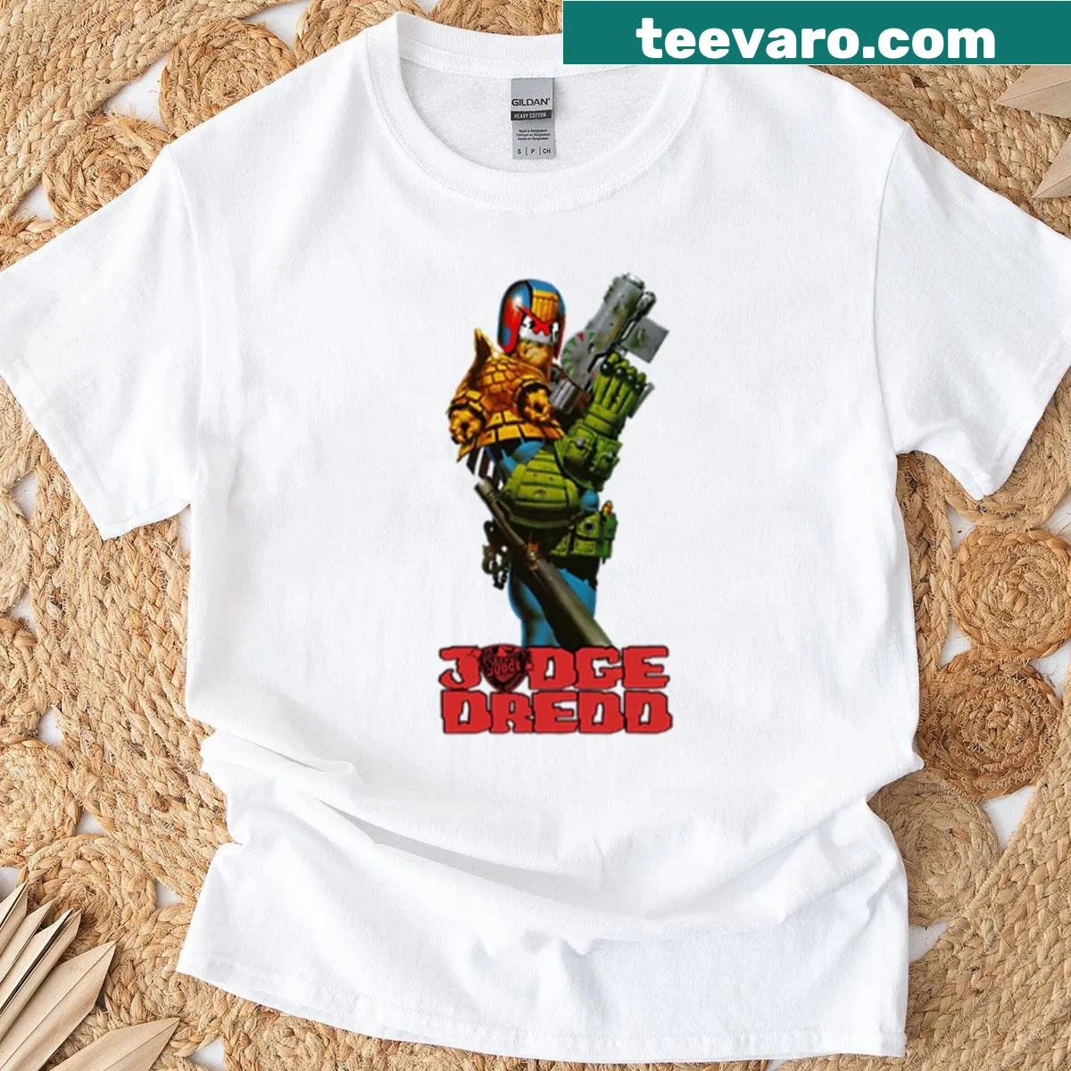 T-shirt featuring bold artwork of Judge Dredd, iconic comic character — on a men's t-shirt