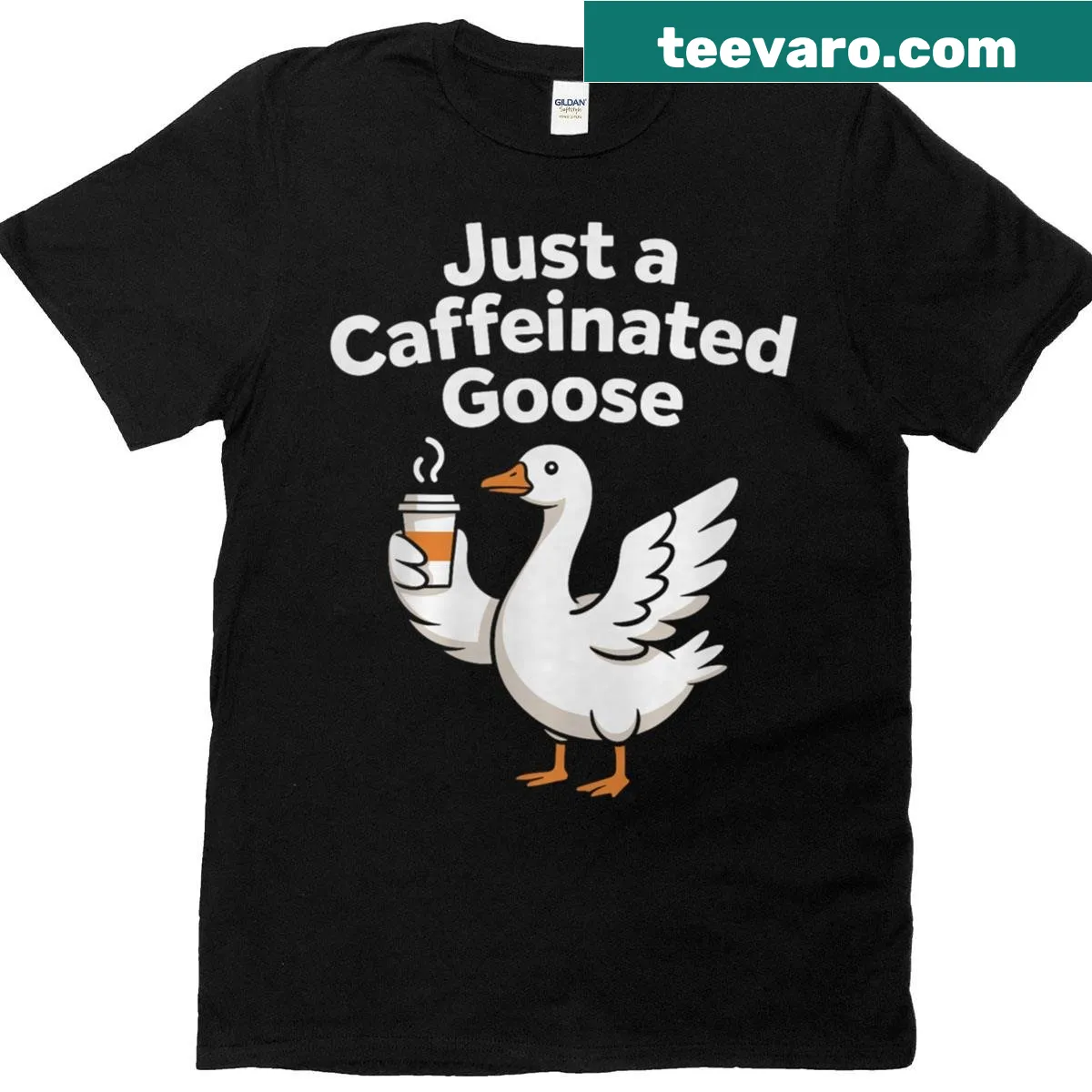 Funny t-shirt featuring a caffeinated goose with coffee elements — on a men's t-shirt