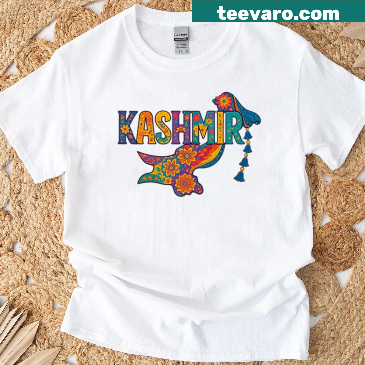 Typography t-shirt featuring Kashmir truck art design — on a men's t-shirt