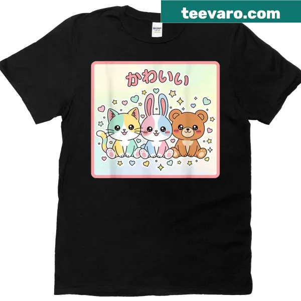 Kawaii T-shirt with cute animal designs and Hiragana text