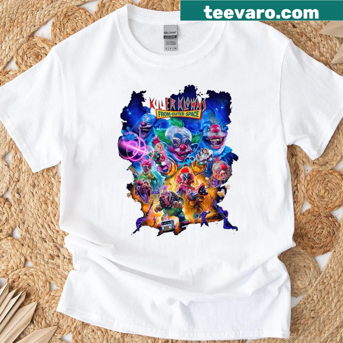 Retro design featuring Killer Klowns from Outer Space film graphic on T-shirt — on a men's t-shirt