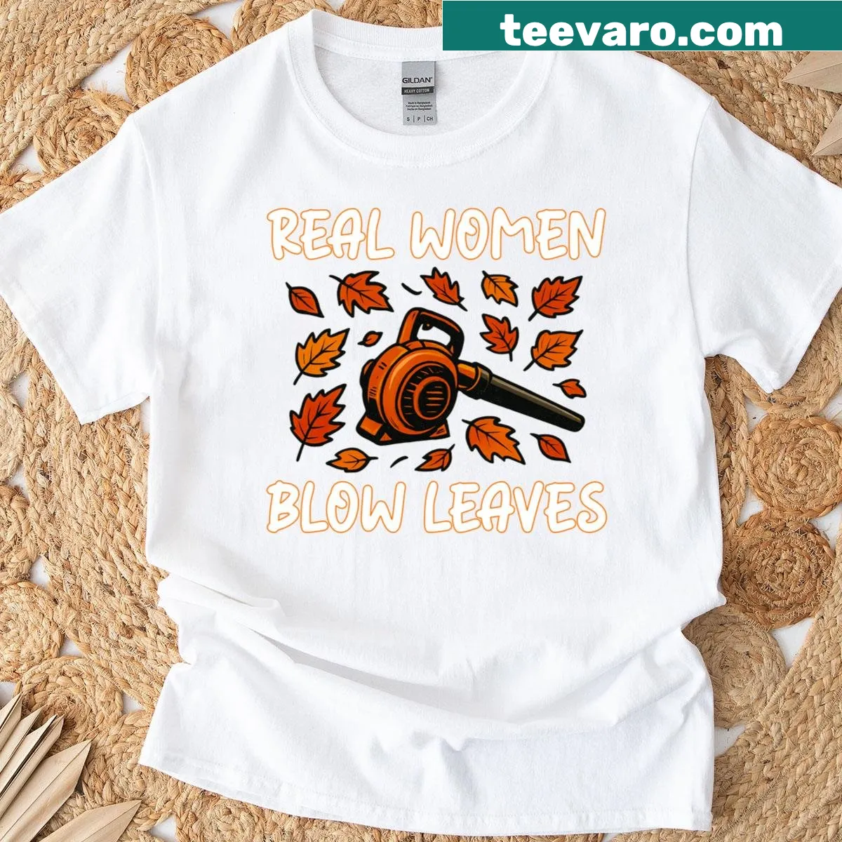 Humorous gardening-themed t-shirt for women with a leaf blower graphic — on a men's t-shirt