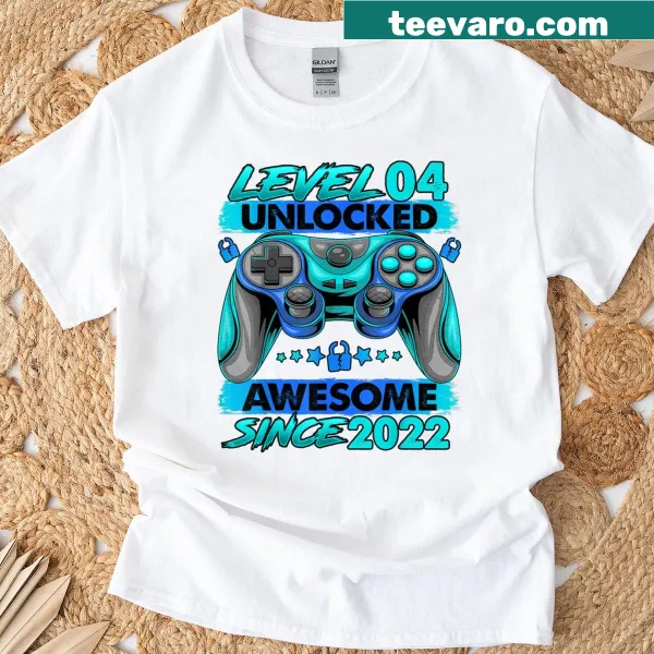 Level 4 Unlocked graphic on a birthday t-shirt for boys