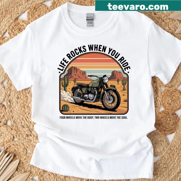 Inspirational biker-themed t-shirt with 'Life Rocks When You Ride' slogan