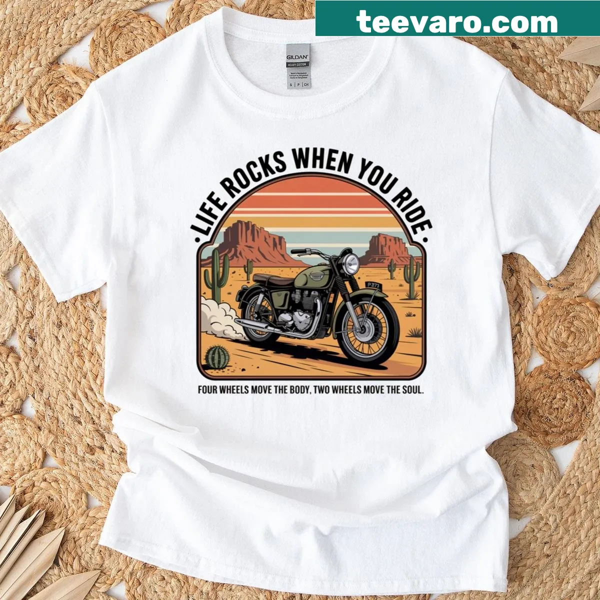 Inspirational biker-themed t-shirt with 'Life Rocks When You Ride' slogan — on a men's t-shirt
