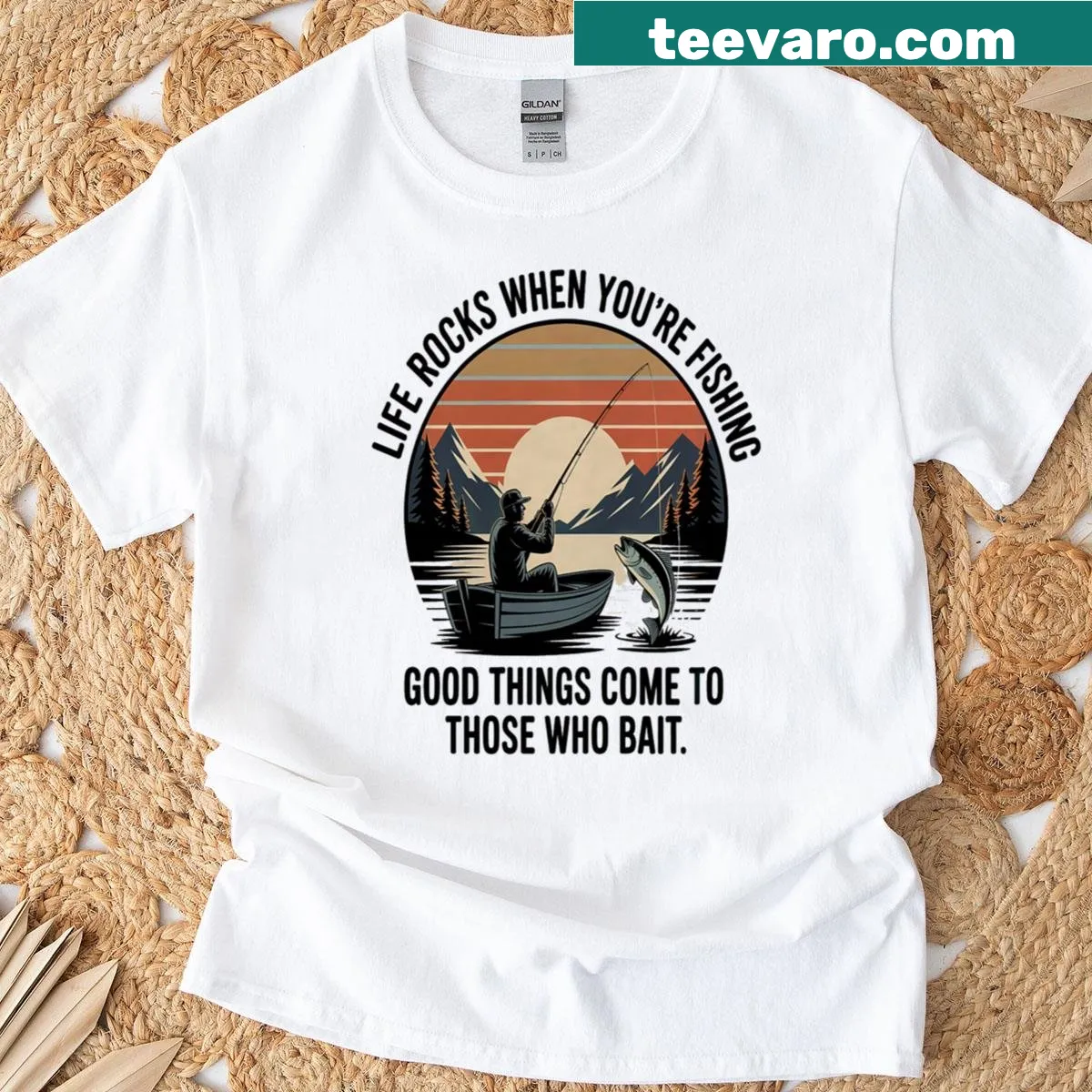 Lighthearted fishing-themed t-shirt with text about life by the lake. — on a men's t-shirt
