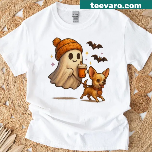 Cartoon t-shirt featuring a Chihuahua ghost for Halloween