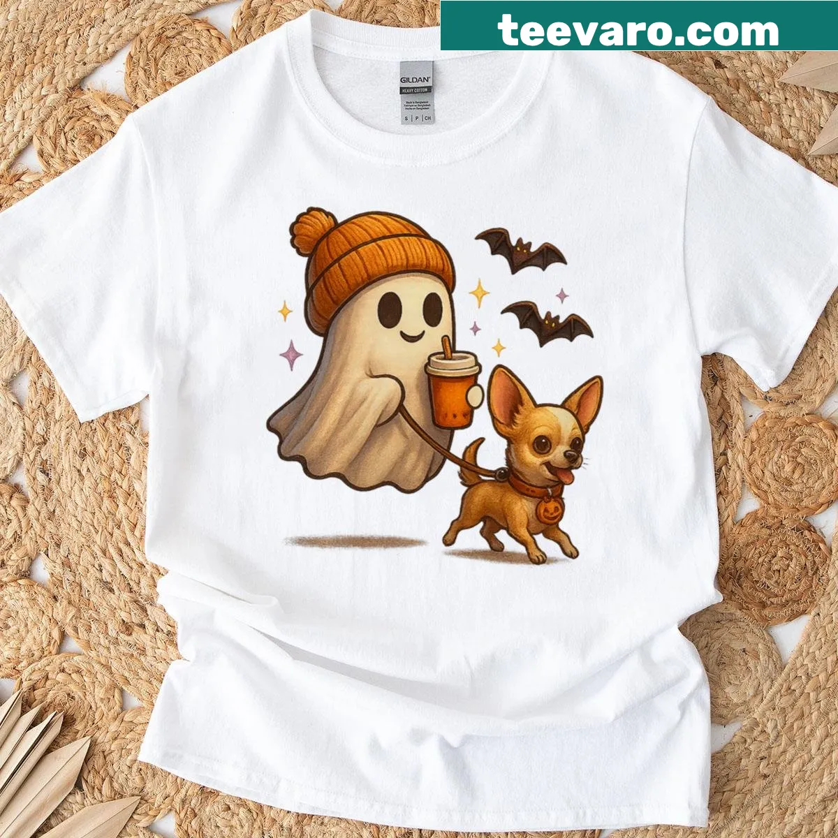 Cartoon t-shirt featuring a Chihuahua ghost for Halloween — on a men's t-shirt