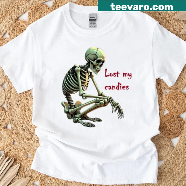 Playful skeleton graphic lamenting lost candies on oversized t-shirt