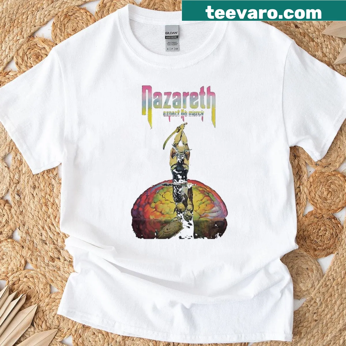 Vintage-style T-shirt featuring lyrics and band references from 70s to 90s. — on a men's t-shirt