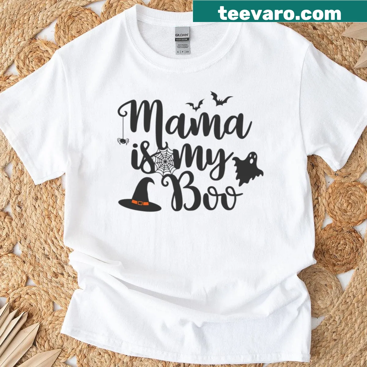 Oversized t-shirt with 'Mama Is My Boo' text in playful font — on a men's t-shirt