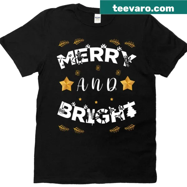 Typography design t-shirt with Merry and Bright text for Christmas