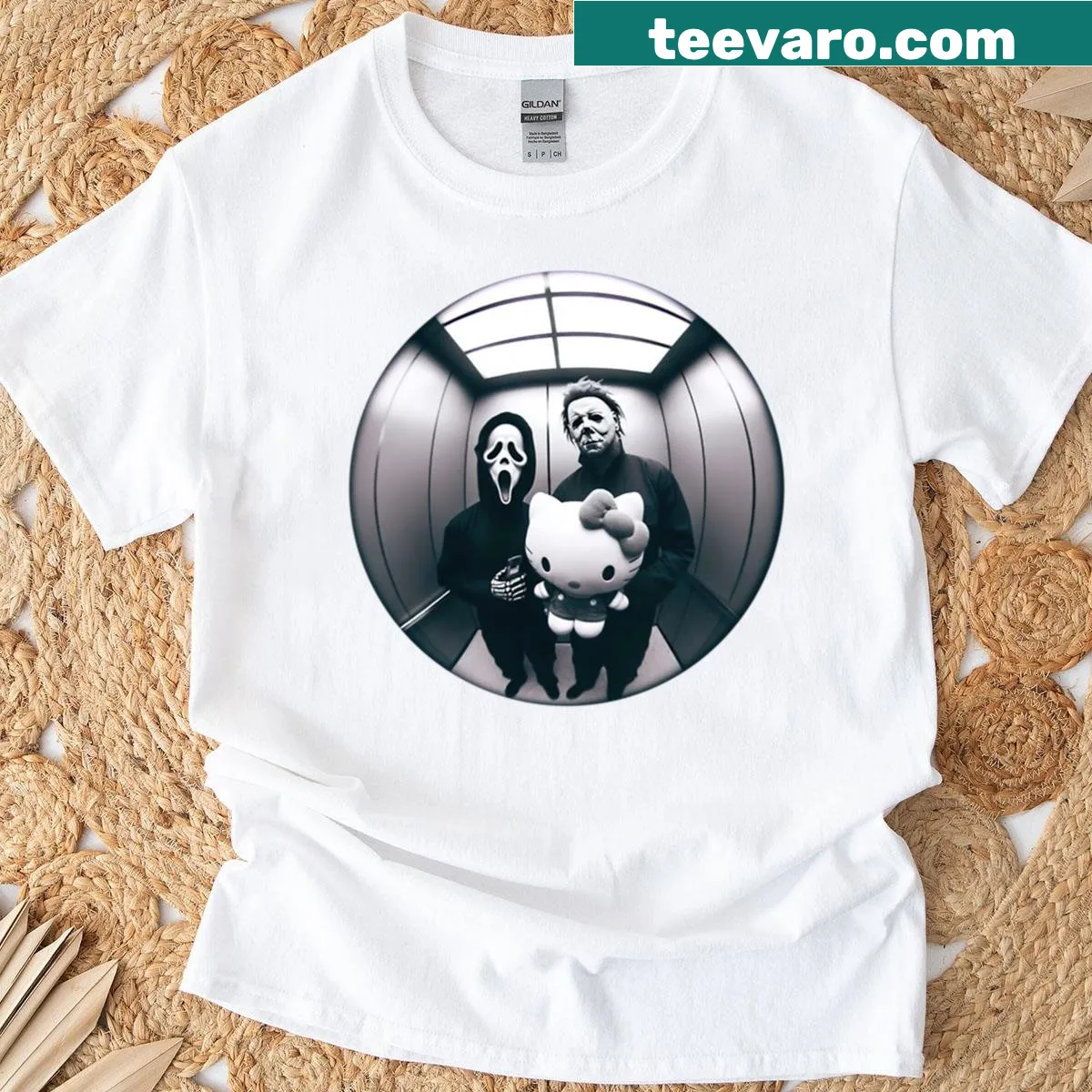 Ghostface character with a cute cat graphic on a t-shirt — on a men's t-shirt