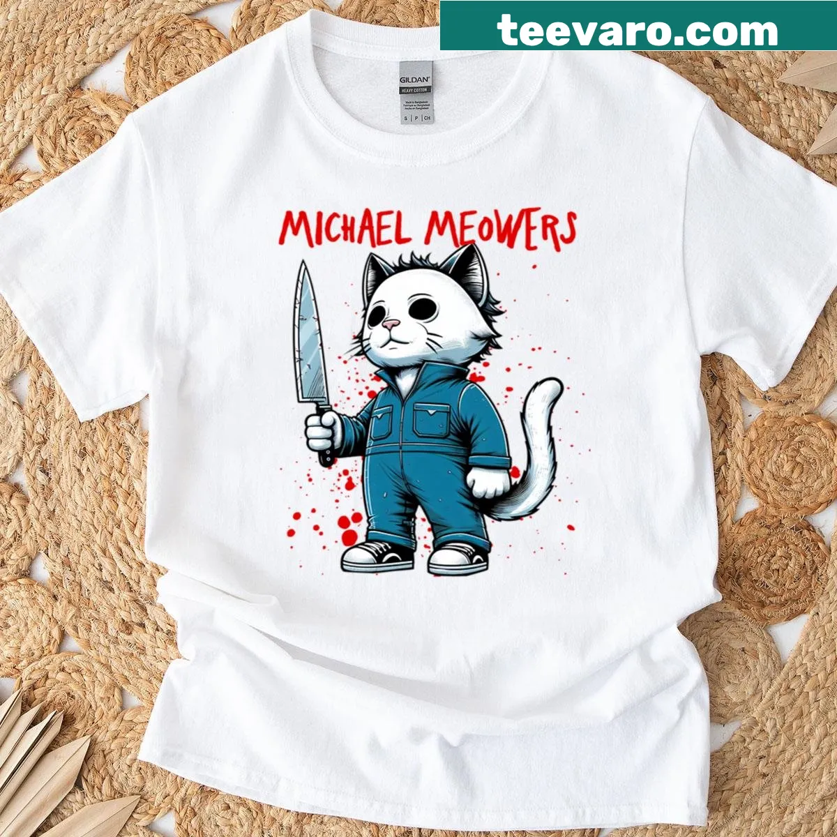 Funny Michael Meowers Halloween graphic on an oversized t-shirt — on a men's t-shirt