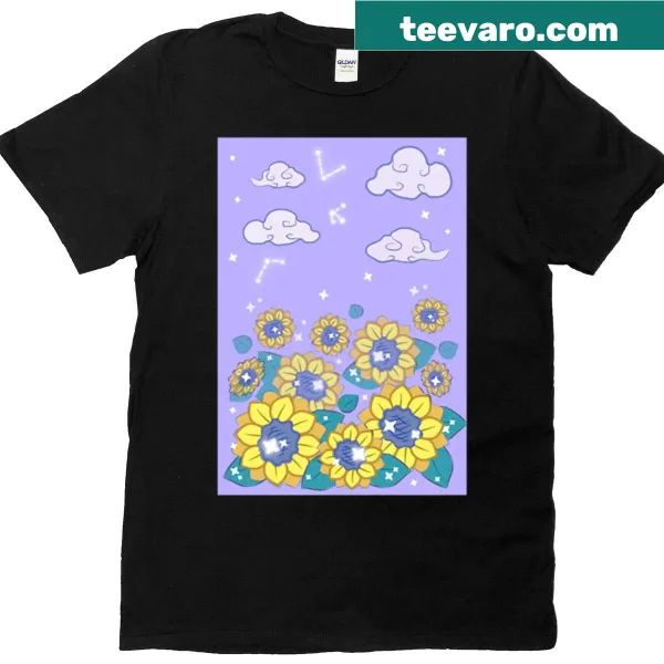 Illustrated T-shirt with sunflowers against a midnight background