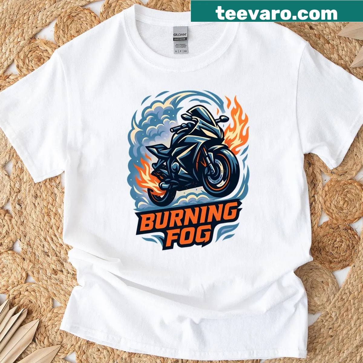 Bold motorcycle graphic with flames on adventurous t-shirt — on a men's t-shirt