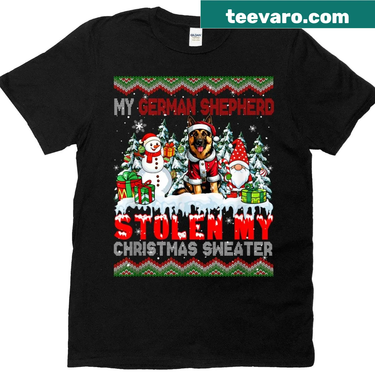 Christmas-themed t-shirt featuring a German Shepherd and Santa gnome — on a men's t-shirt