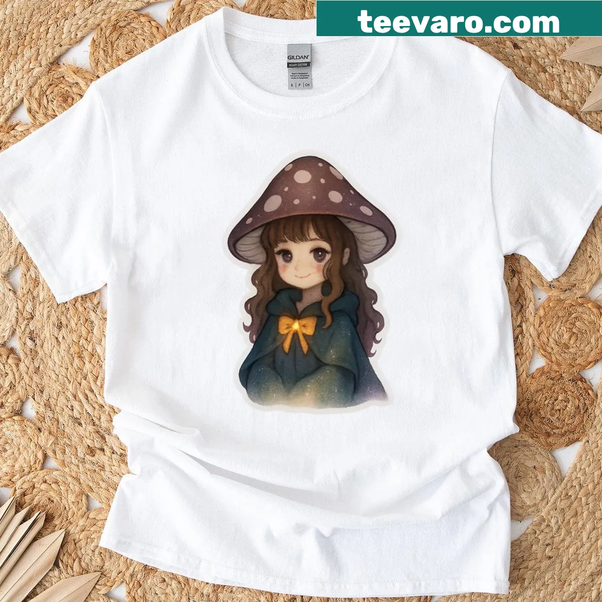 Whimsical t-shirt featuring a mystical mushroom witch illustration — on a men's t-shirt