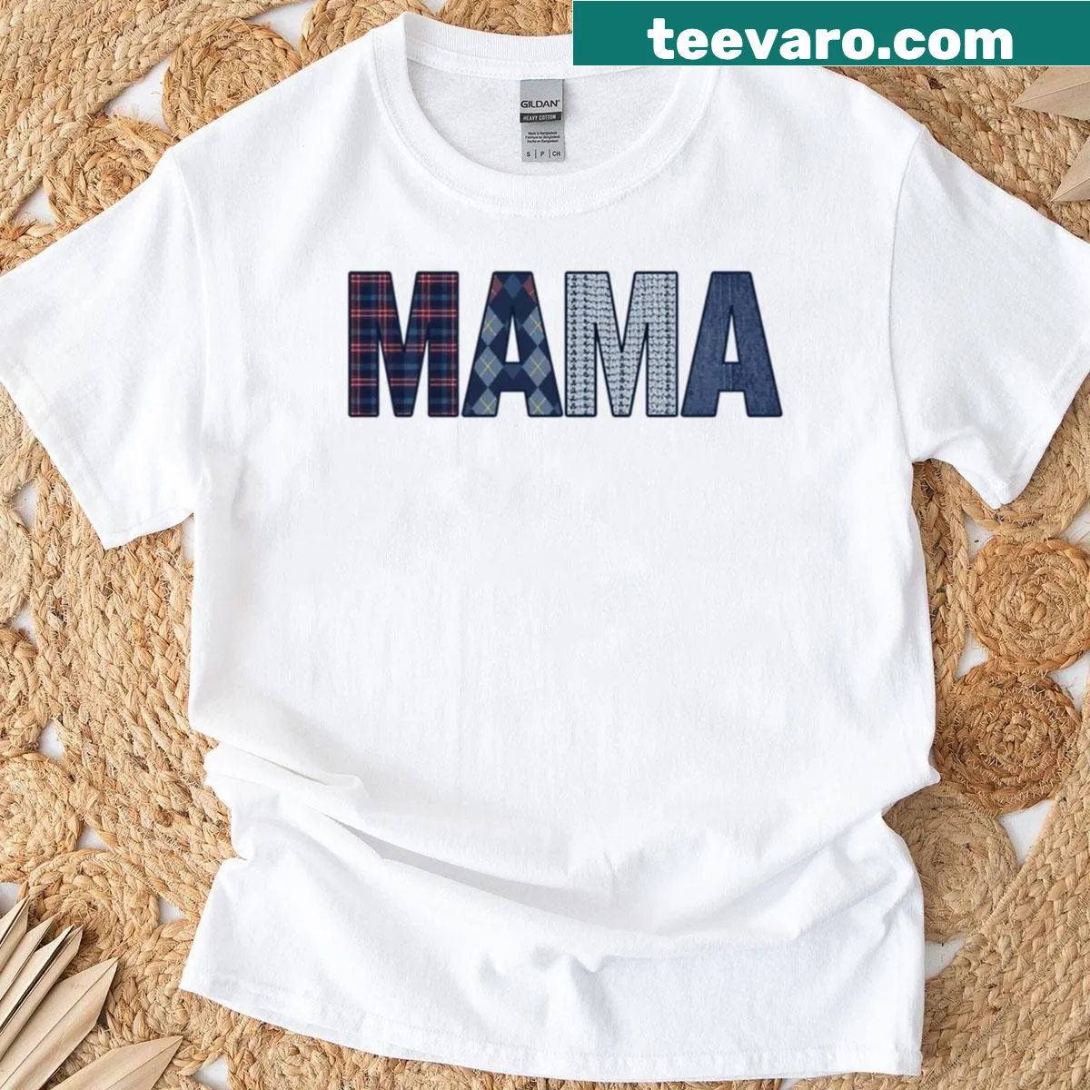 Cozy navy blue t-shirt with plaid floral design for moms — on a men's t-shirt