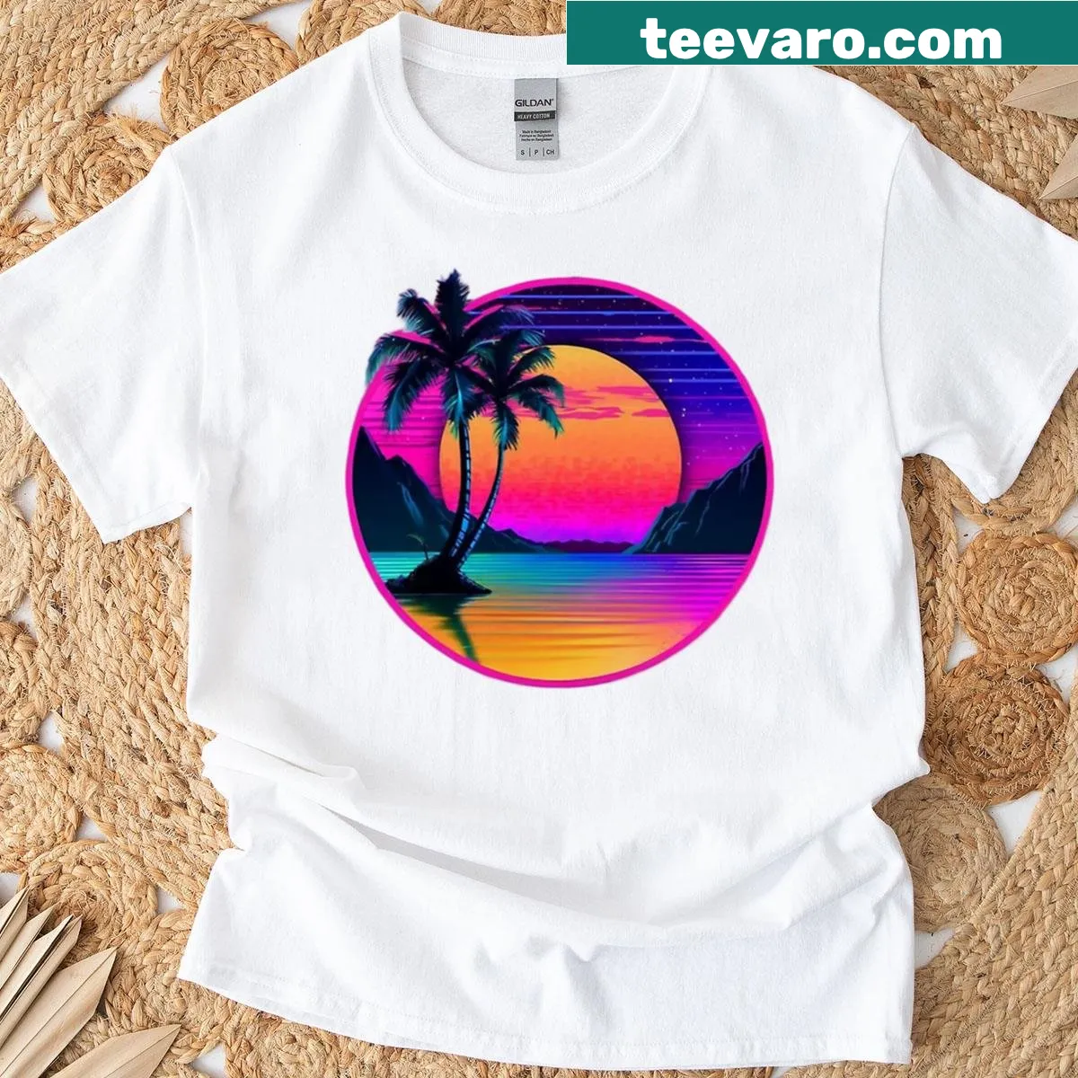 Neon-inspired T-shirt featuring island dreams and synthwave design — on a men's t-shirt