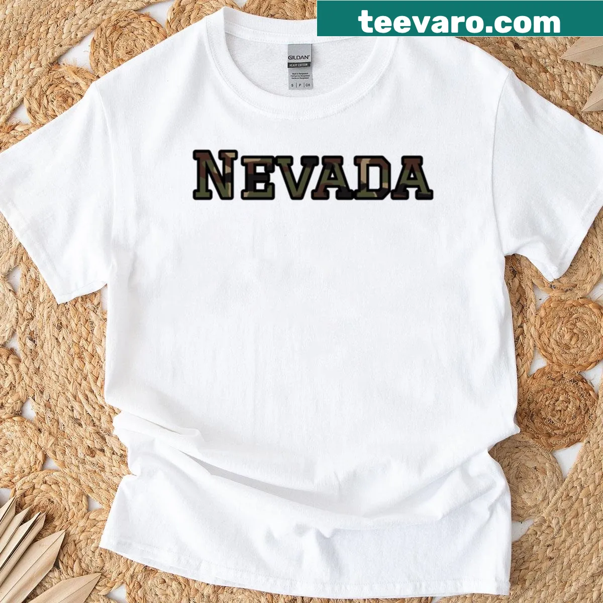 Military style Nevada Camo Typography T-shirt with bold text — on a men's t-shirt