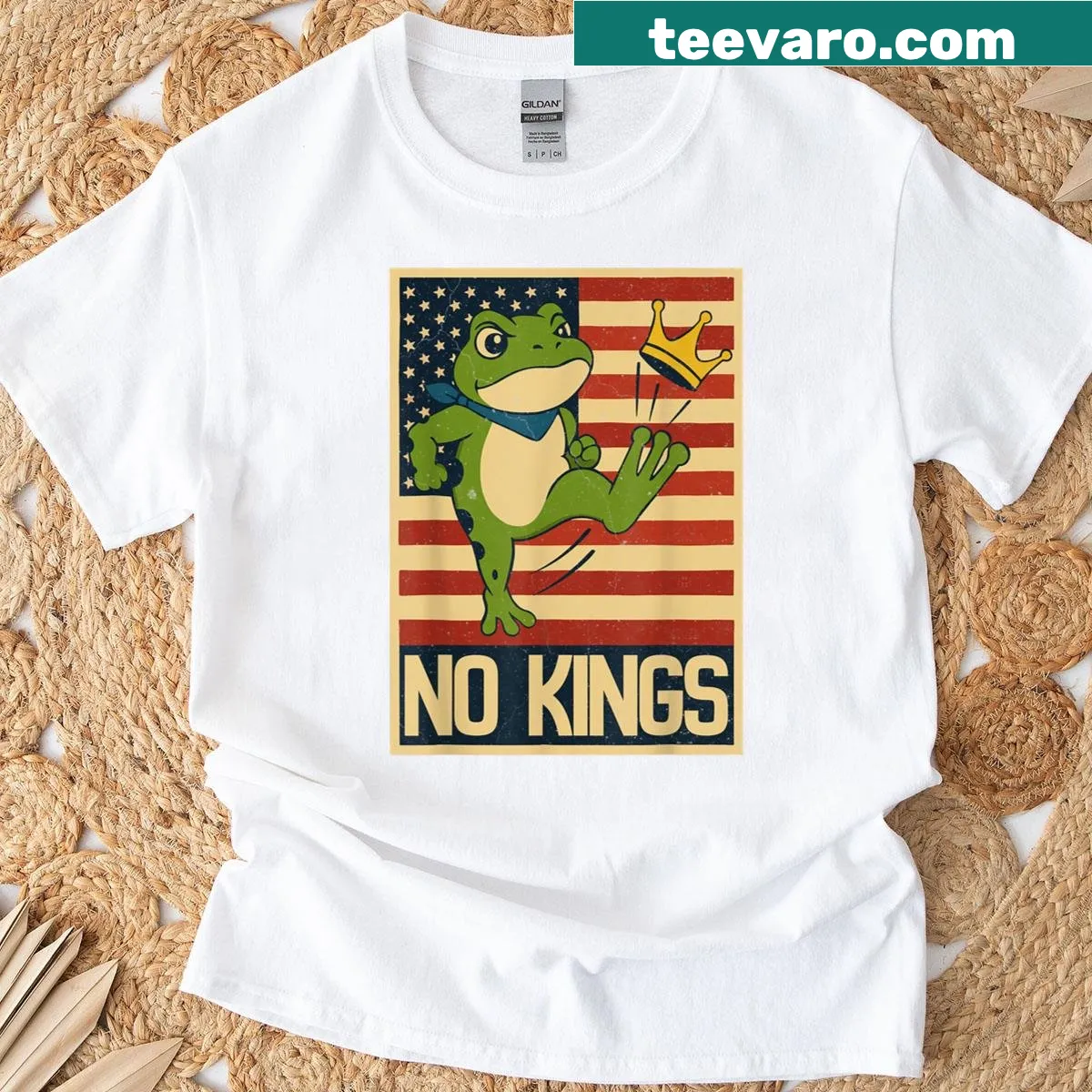 Vintage distressed T-shirt with frog graphic and 'No Kings' text — on a men's t-shirt