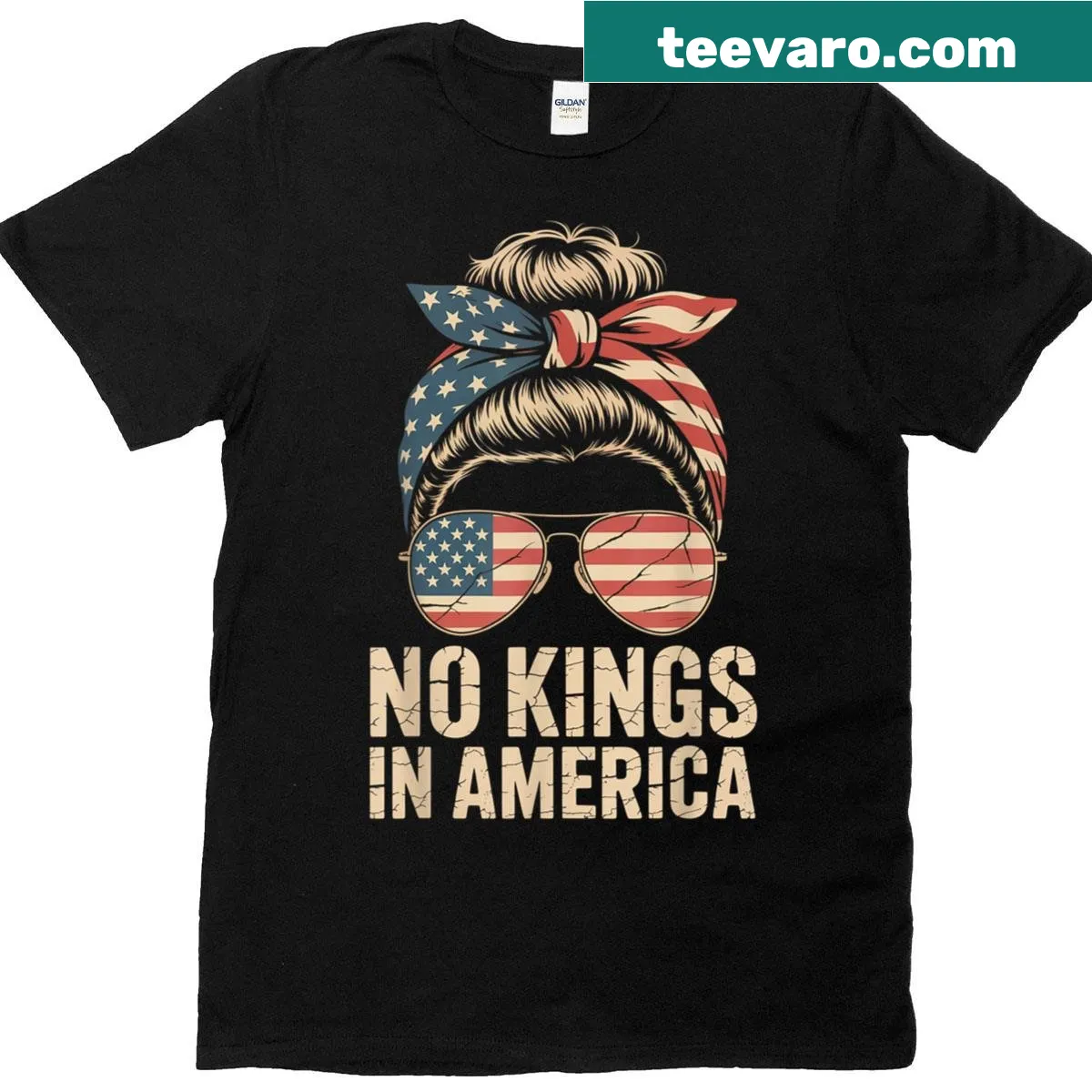Messy bun hairstyle with USA flag graphic on women's T-shirt — on a men's t-shirt
