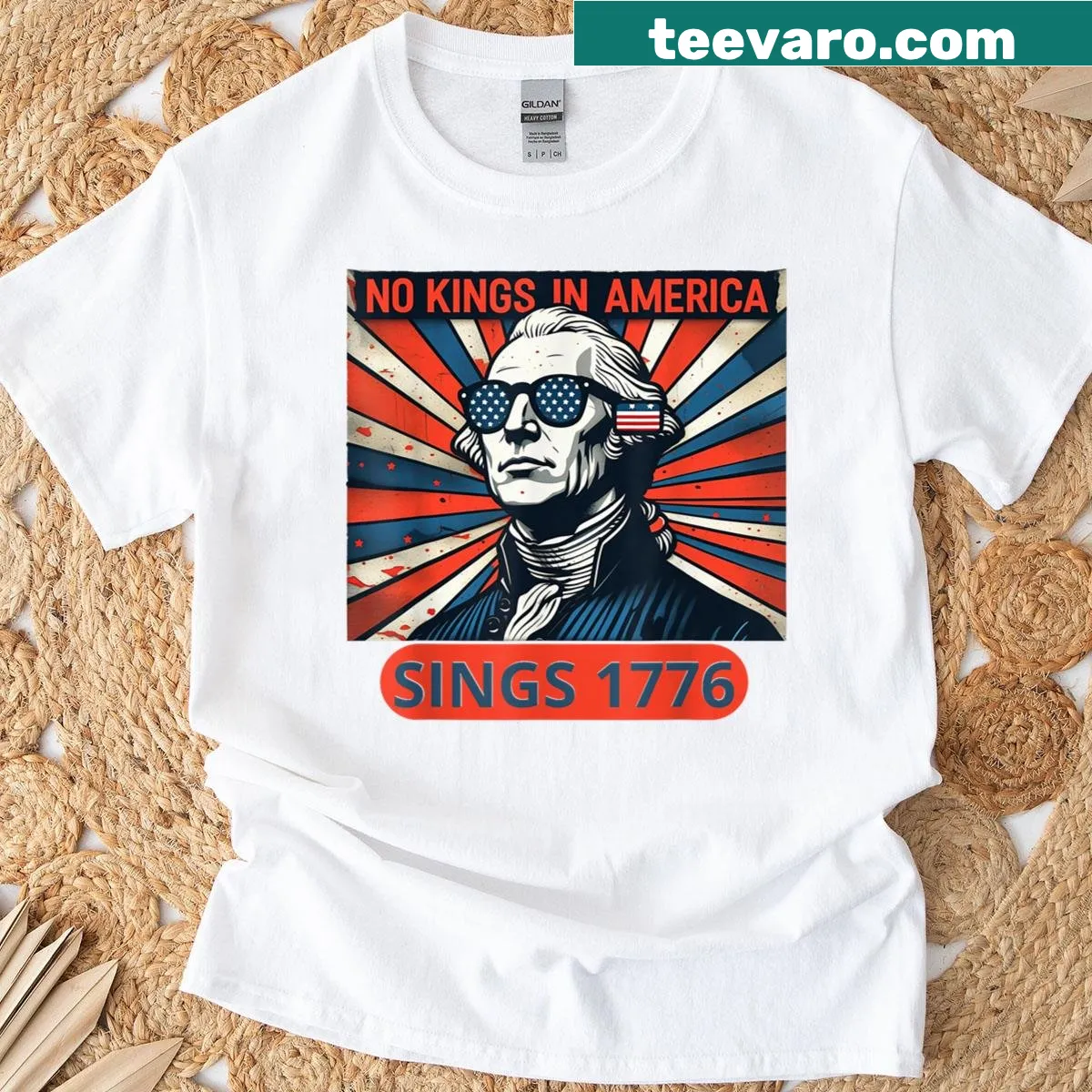 Patriotic shirt featuring 'No Kings In America' and '1776' text design. — on a men's t-shirt